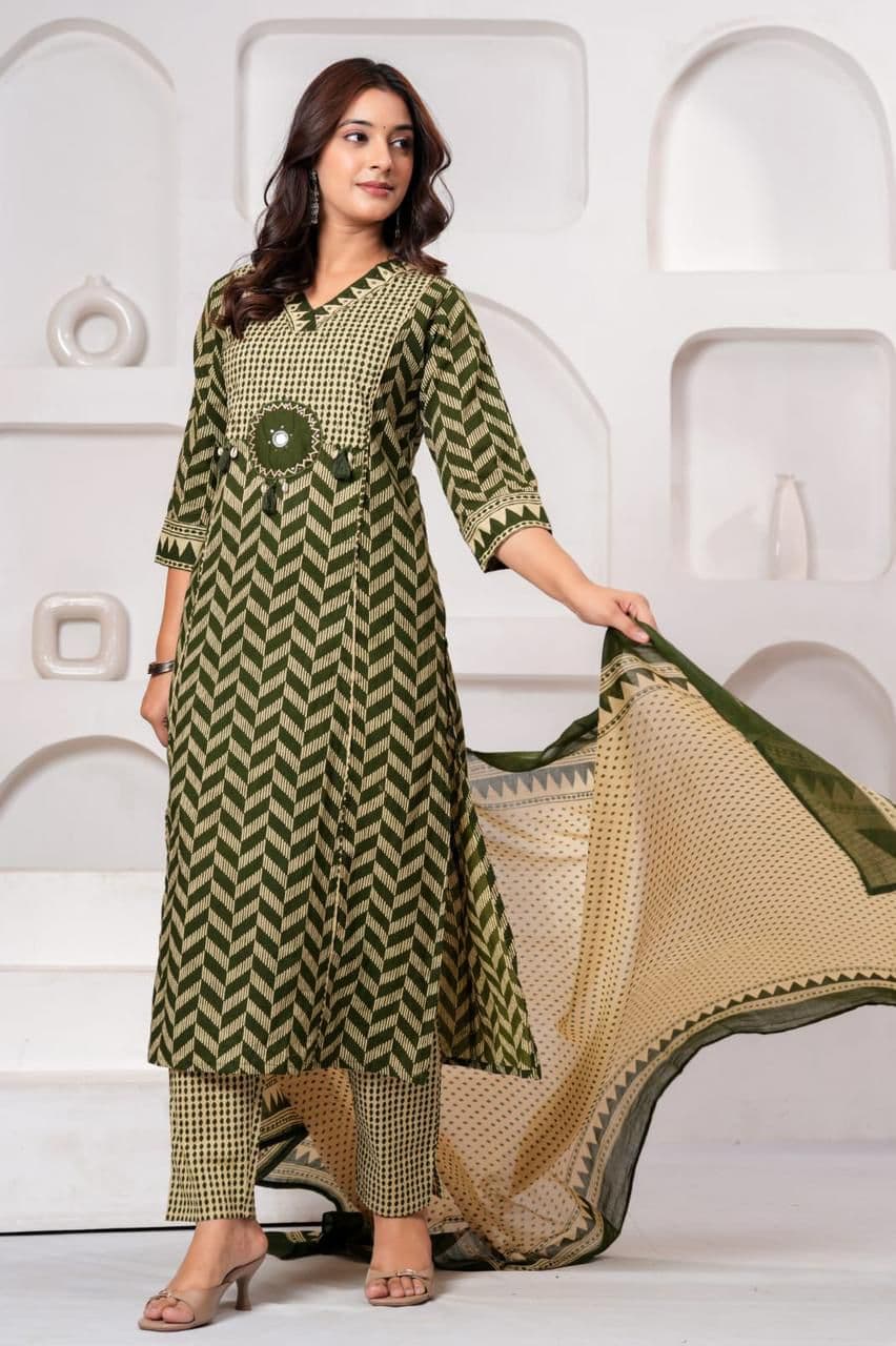 Printed Cotton Straight Suit with Mirror Work